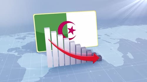 Algeria Flag With Decrease Bar Chart Graph And Arrow Red