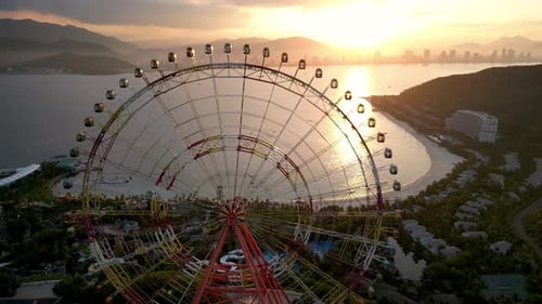 Top View Aerial of Ferris Wheel in Amusement Park at Night Ferris Wheel Lights in the Evening