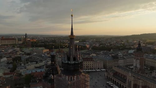 Aerial View of Town Hall Tower on Market Square in Central Historical Tourist Part of Krakow at