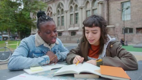 Female College Students Discussing Homework Outdoors on Campus