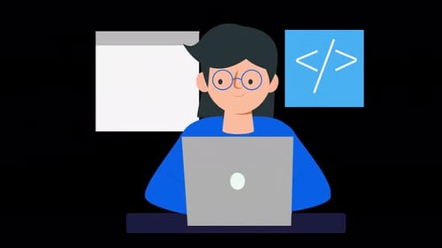 woman programmer, person programming on her computer animation 4k on alpha channel