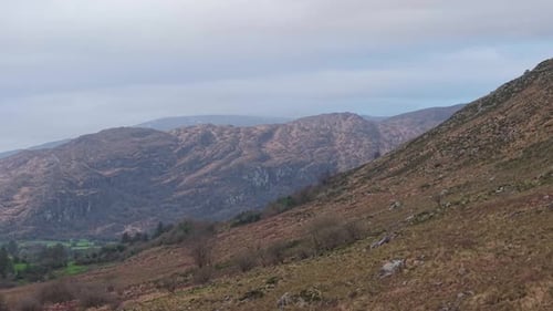 Mountain Ranges On A Beautiful Landscape Of County Kerry In Ireland. Aerial Drone Shot
