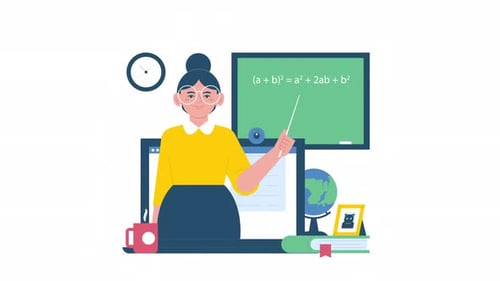 Flat Design Animated Teacher Explaining Formula on Blackboard