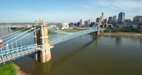 Drone view of cincinnati Ohio skyline featuring the roebling bridge and Ohio river