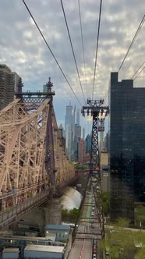 Roosevelt Island Tramway and Bridge at Sunset in New York City