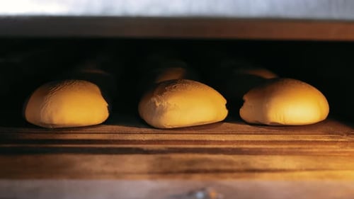 Slow Motion Shot of Bread Baking in the Oven Baking Bread in the Oven Bakery Shop the Process of