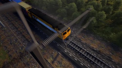 3D Animated Freight Train Hauling Cargo Through Green Landscape