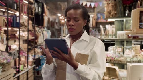 Merchandizer Checking Assortment in Store Using Tablet