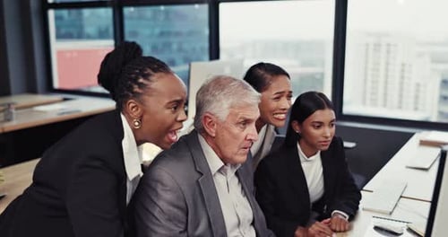 Success, fist bump and business people on computer for bonus, sales goals and profit applause