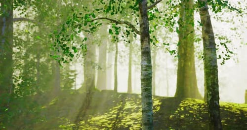 Sunlight Filtering Through Trees in a Peaceful Forest Setting