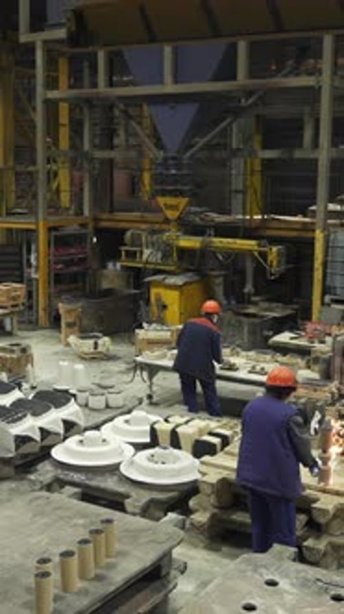 Foundry Workers Pouring Molten Metal Into Molds Stock Clip