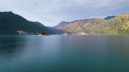 Flying to Our Lady of the Rocks, Beautiful Pilgrimage Site in Kotor Bay, Adriatic Sea, Montenegro, A