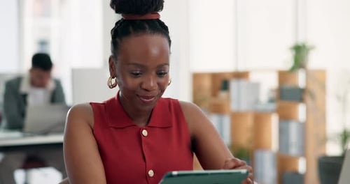 Media agency, thinking and woman with smile, tablet and submission with website blog