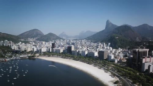 Aerial hyper lapse and timelapse of Botafogo Bay and the beach in Rio de Janeiro Brazil.