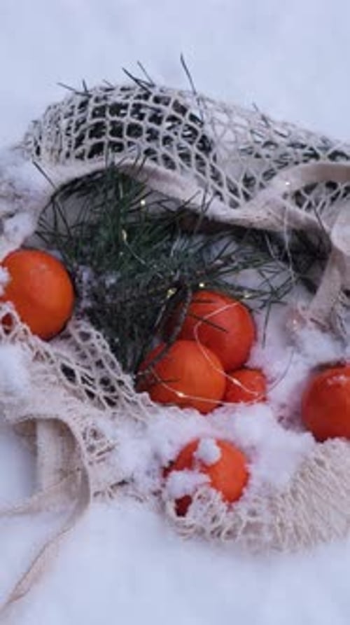 Mandarines mûres dans un sac en filet réutilisable avec une branche de sapin à l'extérieur en hiver neigeux Concept of Sustainable
