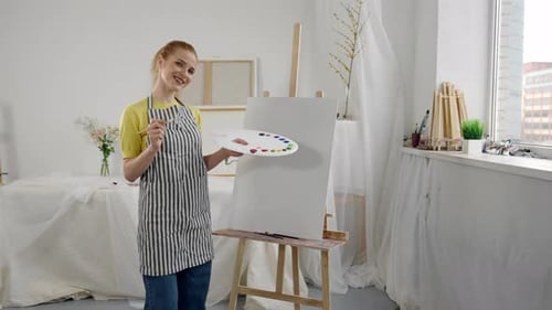 Portrait of Young Woman Artist in Art Workshop Lady Holding Palette with Dyes Creative Female Person