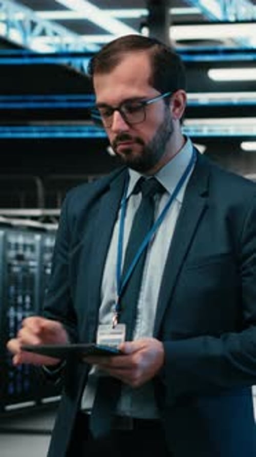 Vertical Video Data Center Software Developer Using Tablet and Augmented Reality