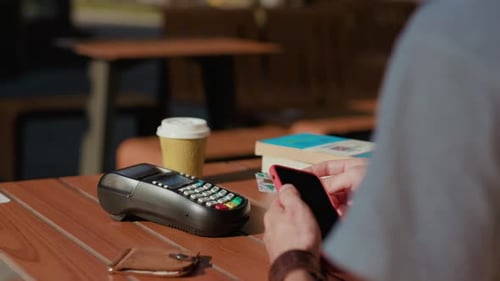 Hands Man Use Contactless Payment with Credit Card Customer Hold Phone Finance Money Paying