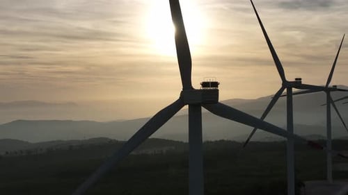 Aerial View Of Wind Power Plant At Sunset