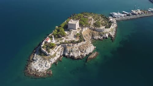 Aerial view of Guvercinada Island with scenic castle, Kusadasi