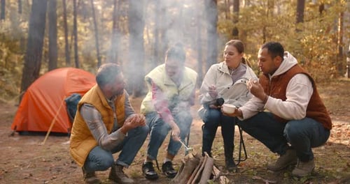 Amigos asando melosidades de pantano en palitos en una hoguera y divirtiéndose en Camp Fire