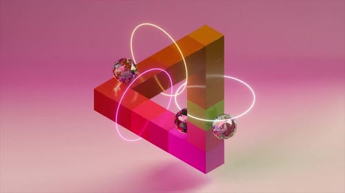 Abstract Impossible Triangle with Glowing Orbits and Shimmering Spheres