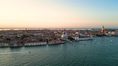 Establishing Aerial View of Venice City Skyline at Sunset Italy