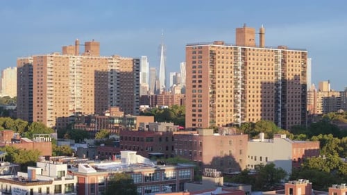 Aerial view of the World Trade Center between two apartment buildings in Brooklyn