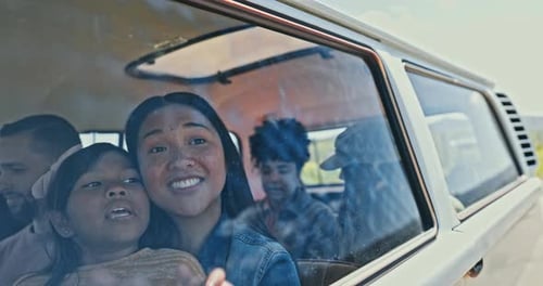 Family, parents and girl in car window for road trip, adventure and explore on holiday