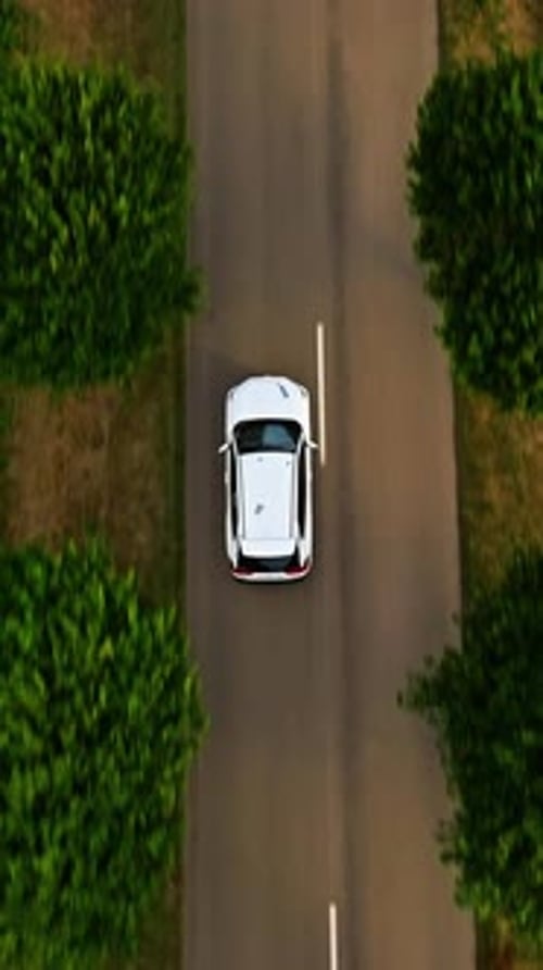 Aerial Top Down View of Asphalt Road with White Car
