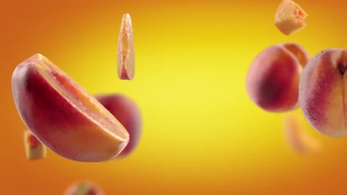 Peaches and Slices Floating on a Colorful Background