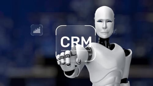 Futuristic Robot Interface Signifying Customer Relationship Management with Graphs, Charts, and Comm