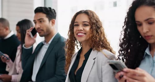 Happy, face and a woman at a seminar or meeting with business people in an office waiting room