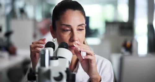 Female Scientist Using Microscope in Bright Lab