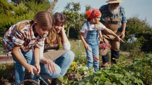 Happy family in a vegetable garden