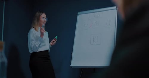 Woman Presents Business Plan with Whiteboard in Office