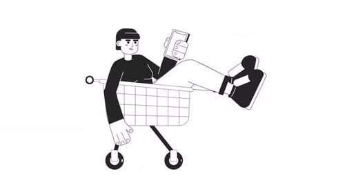 Animated Bw Girl with Phone in Cart