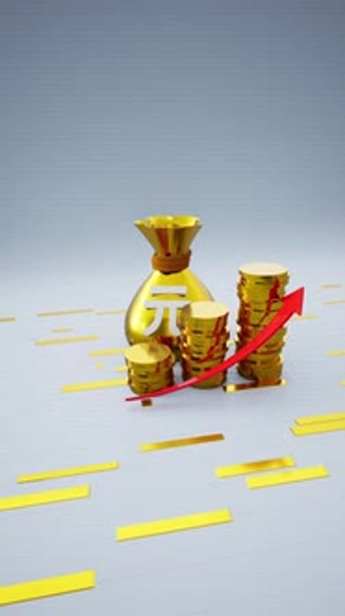 Vertical Golden Money Bag With A Renminbi Symbol And Increasing Coins Including Red Upward Arrow