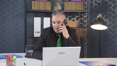 Adult Man Working on Laptop, Talking on Phone