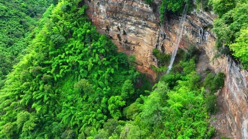 Lush Jungle Waterfall Cascading Down Rocky Cliff
