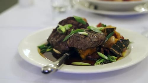 Steak dinner with vegetables on a restaurant plate, Meat and vegetables diet