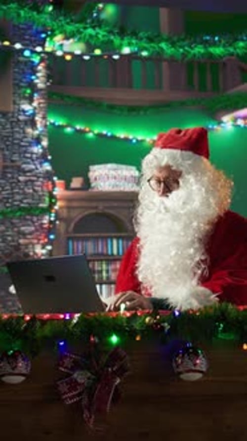 Vertical Video Saint Nicholas is Busy Online Browsing Christmas Websites in His Cabin