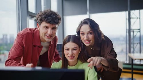 Startupers Discussing Project Online Talking to Laptop Webcam in Office Closeup