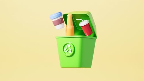 Cartoon trash can with a recyclable logo, garbage sorting, 3d rendering.