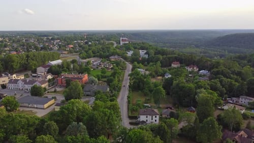 Main road of Sigulda town in Latvia, aerial drone view