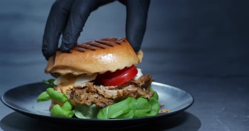 Gourmet Burger is Assembled on Plate