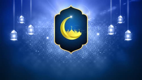 Golden Crescent Moon and Lanterns for Ramadan and Eid Celebrations