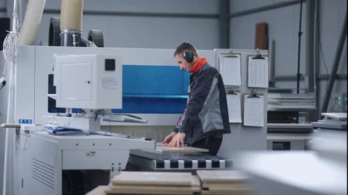 Person is Working in Modern Furniture Factory Adjusting and Controlling Work of Milling Machine