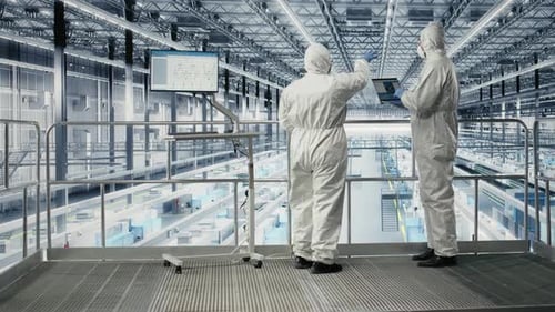 Engineering Team Evaluating Advanced Microchip Silicon Wafer Prototype