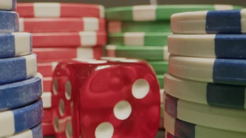 Pokers Chips and Dice Cube on Green Table Closeup Macro Poker Gamble Game and Risky Bets at the
